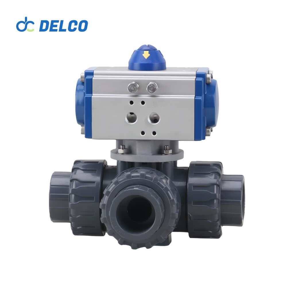 DELCO PVC 3 Way Pneumatic Actuator Ball Valves-DK66-3PL